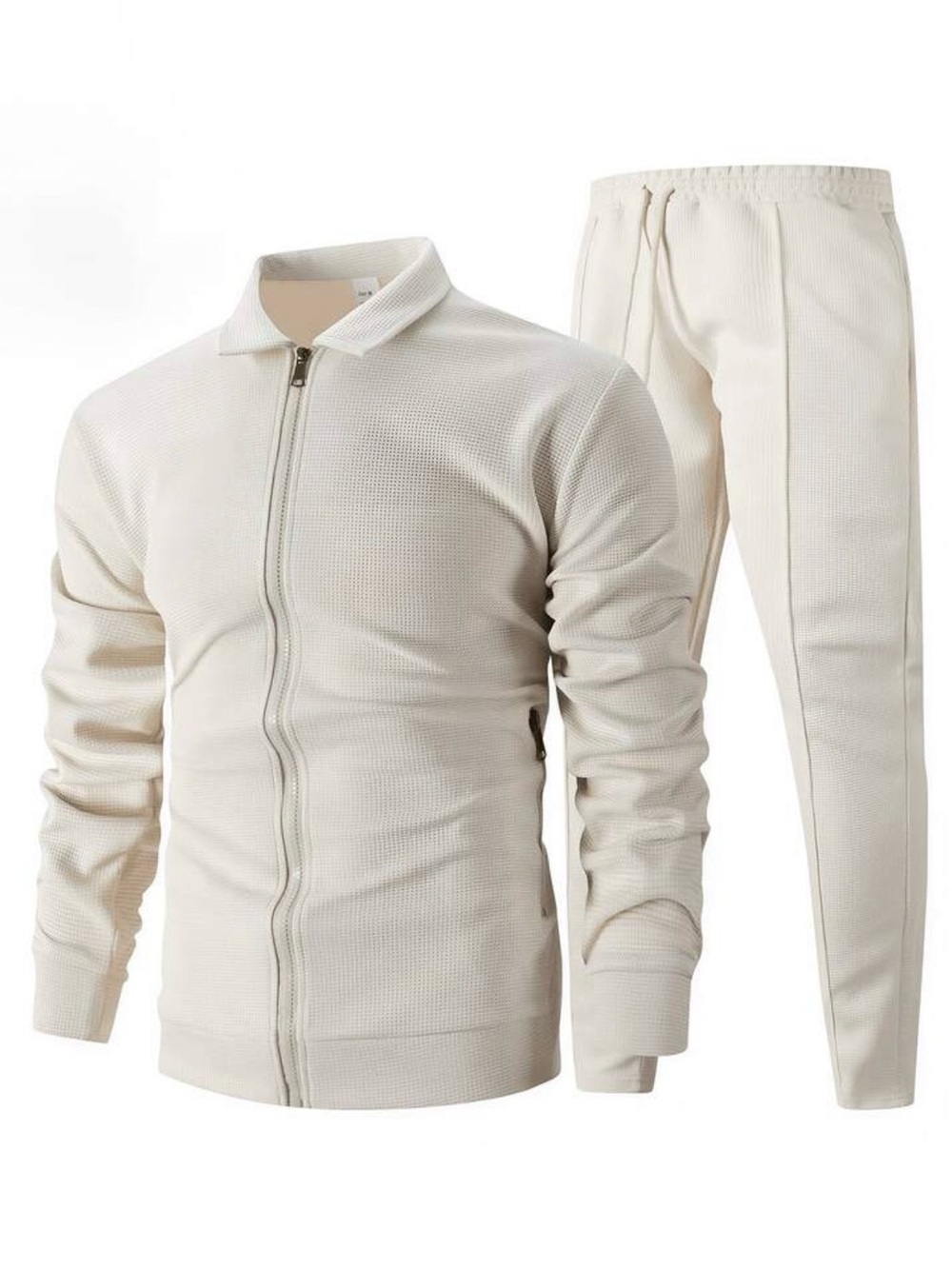 Men's Cream Full-Zip Waffle Knit Sweater Jacket